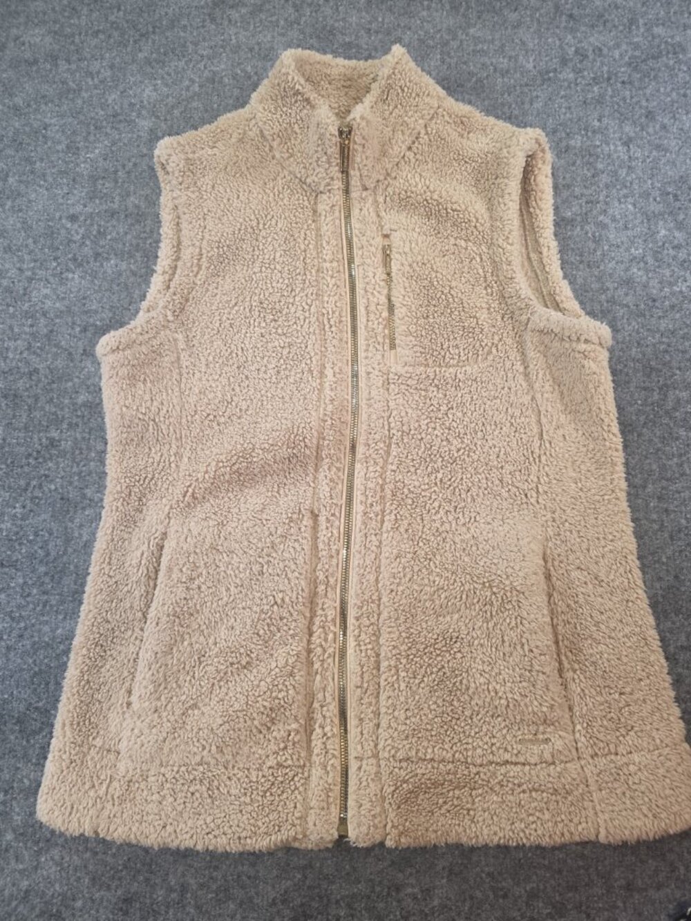 Calvin Klein Tan Beige Brown Khaki Vest Faux Fur Fuzzy Gold Zipper Pocket Size S
